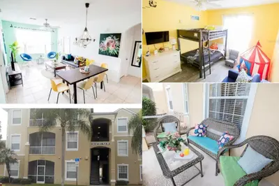 a collage of four pictures of a living room at Windsor Palms Resort 3 Bedroom Condo 6 Miles to Disney in Kissimmee