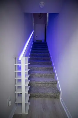 a stairway with blue walls and a staircase with blue steps at Pet Friendly Modern Zen Studio Retreat with Hot Tub! home in Orlando