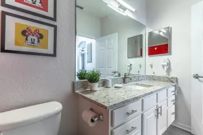 a bathroom with a sink and a toilet and a mirror at 2821 Windsor Hills in Orlando
