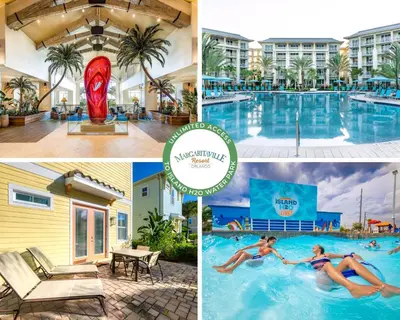 a collage of photos of a pool at a hotel at Sunny Cottage Near Disney With Margaritaville Resort & Island H20 Waterpark Access - 3004Sr in Orlando