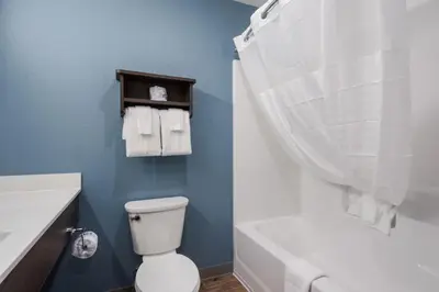 a bathroom with a white toilet and a bath tub at WoodSpring Suites Orlando I-4 & Convention Center in Orlando