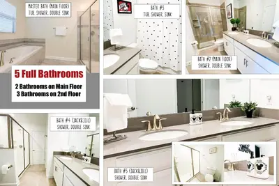 a collage of four pictures of a bathroom with sinks at Happiest House on Earth near Disney World 9 Bedroom, Pool, Theater, Gameroom, Mickey Bunk room with Twisty Slide in Storey Lake in Kissimmee