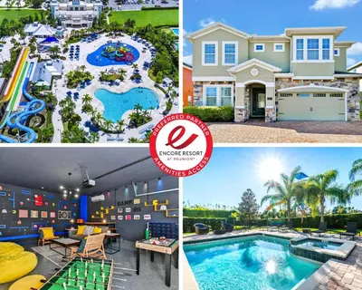 a collage of photos with a house and a pool at Marvelous Home Near Disney With Private Pool And Waterpark & Resort Access At Encore Resorts Reunion - 250Cl in Kissimmee