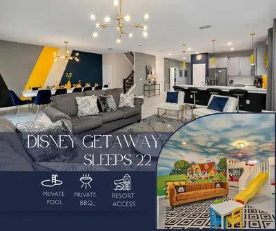 a flyer for a disney legendary sleeps living room and kitchen at Magical Family Home 8min Disneyworld Pool/Spa Sleeps 22 in Kissimmee