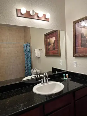 a bathroom with a sink and a mirror at Gone 2 Florida Vacation Homes in Orlando