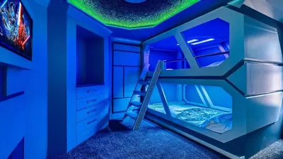a room with a bunk bed with a ladder at Magical 7BR Resort Pool Home Near Disney & Orlando Attractions in Kissimmee