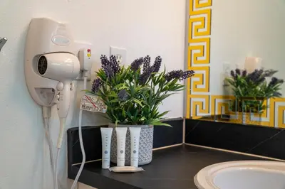 a bathroom with a sink and flowers in vases on a counter at JC DISNEY House in Kissimmee