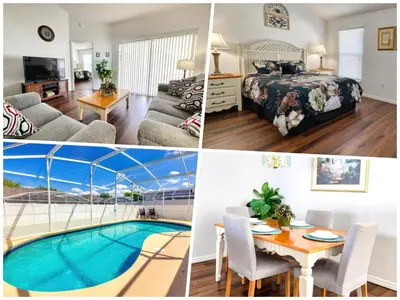 a collage of photos of a bedroom and a villa at Clear Creek 3 Bedroom Home Private Pool 15 Min to Disney in Orlando