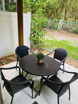 a table and chairs with a potted plant on a patio at Enchanting Escape 3 Bedroom Minutes from Disney! in Kissimmee
