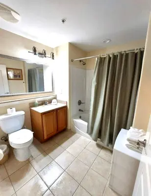 a bathroom with a toilet and a sink and a shower at Disney 1 mile , Blue Heron 1 room 2 bath,amenities,6 guests, walk to restaurants, no fees at check in in Orlando