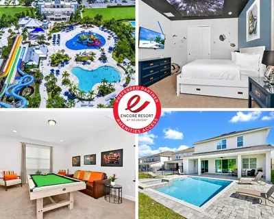 a collage of photos of a house with a pool at Vibrant Home Near Disney With Media Room, Themed Rooms, Game Room And Waterpark & Resort Access At Encore Resorts Reunion - 7450Mr in Kissimmee