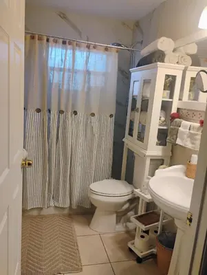a bathroom with a toilet and a sink and a shower at La Maison de Lorbu - Apartment in Orlando