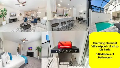 a collage of pictures of a living room and a kitchen at Private Pool Villa Family Retreat Near Disney World in Orlando