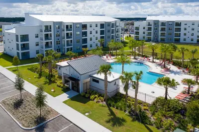 an aerial view of a hotel with a pool and palm trees at Modern Resort FREE Waterpark Near Disney 3171 in Kissimmee