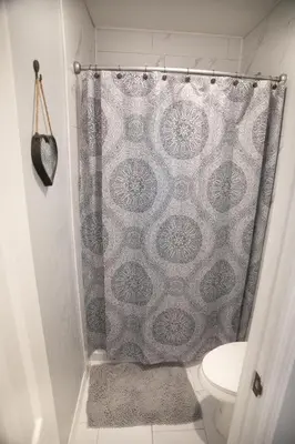a shower curtain in a bathroom with a toilet at Florida Suburban Oasis ~ Lk Mary/Sanford Florida! in Sanford