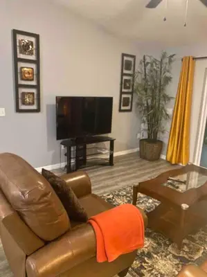 a living room with a leather couch and a television at Florida Suburban Oasis ~ Lk Mary/Sanford Florida! in Sanford