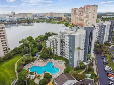 an aerial view of a large body of water with buildings at Remodeled 2BD/2BA Condo mins from Universal Studio in Orlando