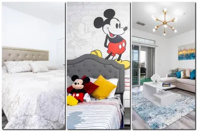 three images of a bedroom with a mickey mouse bedroom at Your Orlando home 15 min to Disney - KGG01 in Kissimmee