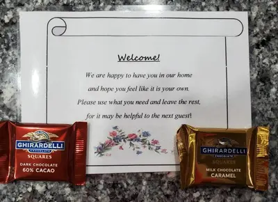 a card with three different types of chocolate at Beautiful cottage near Lake Louisa & mins from Disney, Vehicle Rental Available in Clermont